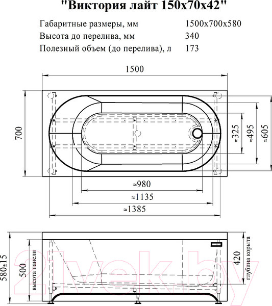 Изображение товара Ванна акриловая Radomir Виктория Лайт 150x70 / 2-01-0-0-0-257