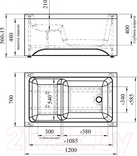 Изображение товара Ванна акриловая Radomir Джоанна 120x70 / 2-78-0-0-1-253Р (фронтальный, с каркасом)