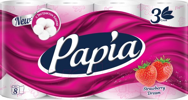 Изображение товара Туалетная бумага Papia Клубничная мечта 3х слойная (8рул)