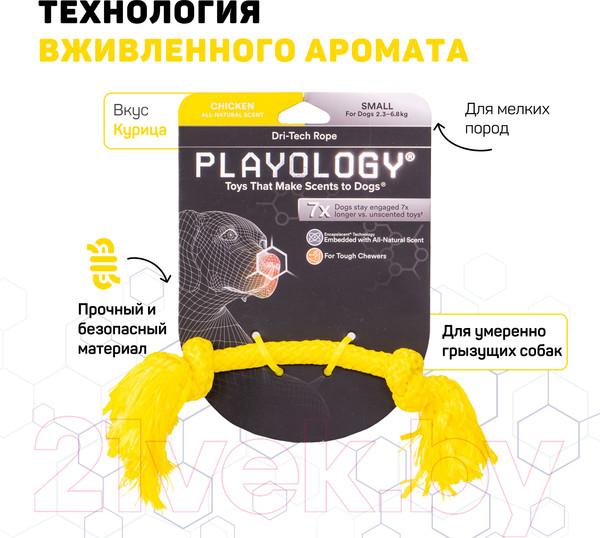 Изображение товара Игрушка для собак Playology Dri-Tech Rope / P300757 (с ароматом курицы, маленький, желтый)