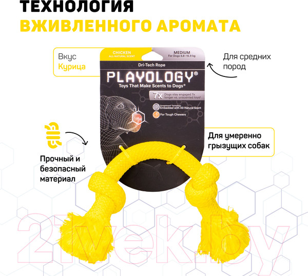 Изображение товара Игрушка для собак Playology Dri-Tech Rope / P300760 (с ароматом курицы, средний, желтый)