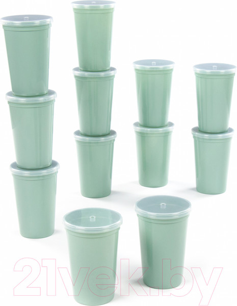 Изображение товара Набор стаканов Полесье 400мл с крышечками / 74062 (12шт, бледно-оливковый)