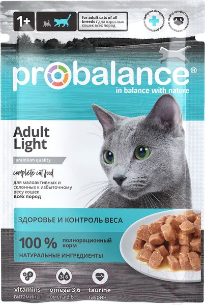 Влажный корм для кошек ProBalance Light для малоактивных и склонных к избыточному весу кошек (85г)