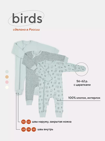 Изображение товара Набор комбинезонов для малышей MOWbaby Birds / 1282 (Blue, р.62)