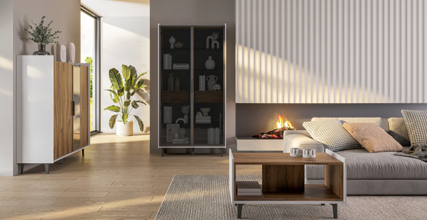 Изображение товара Шкаф с витриной Мебель-Неман Модена МН-048-22-Ц3 (дуб эллисон темный/белый гладкий/черный/графит)