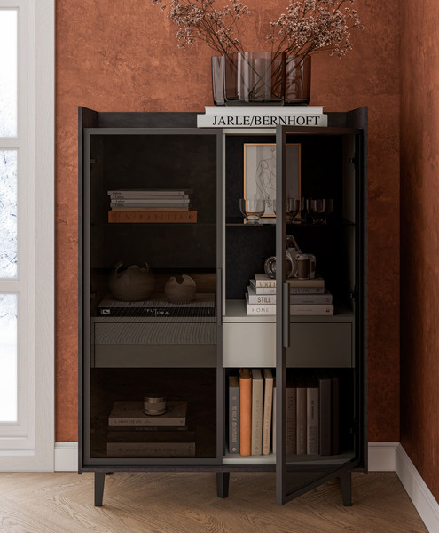 Изображение товара Шкаф с витриной Мебель-Неман Модена МН-048-23-Ц1 (лунный камень/металл бруклин/черный/графит)