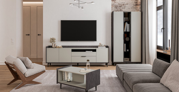 Изображение товара Шкаф с витриной Мебель-Неман Модена МН-048-01-Ц1 (лунный камень/металл бруклин/черный/графит)