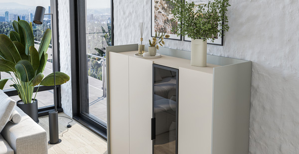 Изображение товара Шкаф с витриной Мебель-Неман Модена МН-048-02-Ц2 (персидский жемчуг/лунный камень/черный/графит)