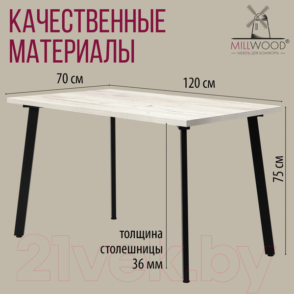 Изображение товара Обеденный стол Millwood Шанхай 120x70x75 (дуб белый Craft/металл черный)