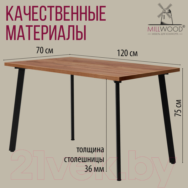 Изображение товара Обеденный стол Millwood Шанхай 120x70x75 (дуб табачный Craft/металл черный)