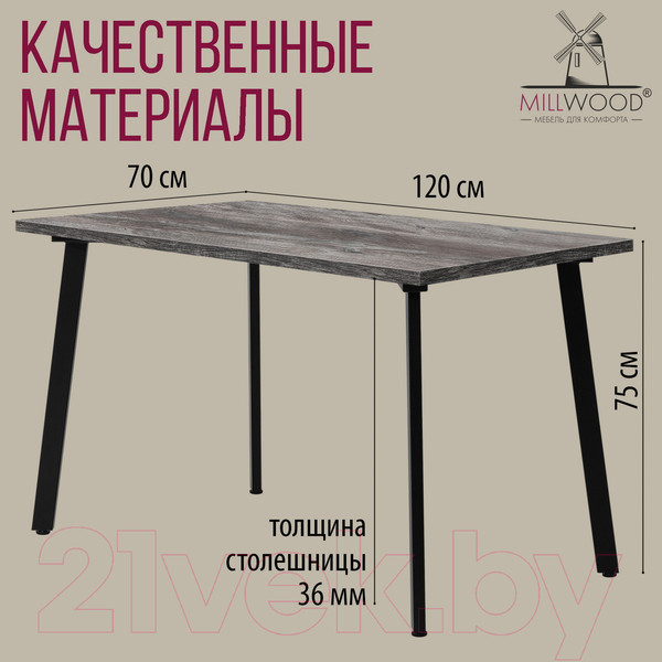 Изображение товара Обеденный стол Millwood Шанхай 120x70x75 (сосна пасадена/металл черный)