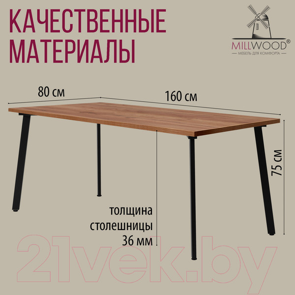 Изображение товара Обеденный стол Millwood Шанхай 160x80x75 (дуб табачный Craft/металл черный)