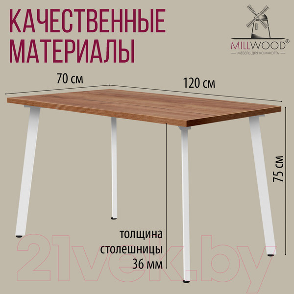 Изображение товара Обеденный стол Millwood Шанхай 120x70x75 (дуб табачный Craft/металл белый)