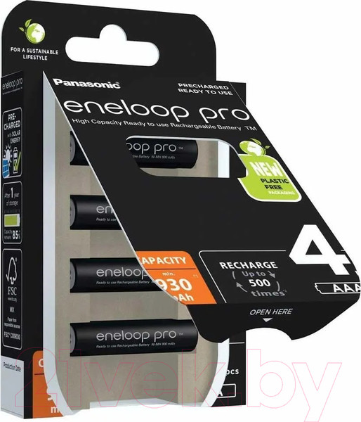 Изображение товара Комплект аккумуляторов Panasonic Eneloop Pro AAA 930 4BP / BK-4HCDE/4BE