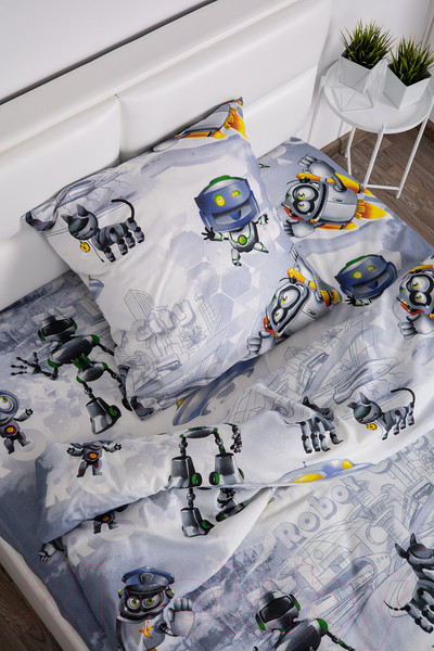 Изображение товара Комплект постельного белья Milanika Город роботов 1.5сп подростковый с наволочкой 70x70 (бязь)