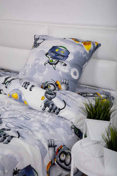 Изображение товара Комплект постельного белья Milanika Город роботов 1.5сп подростковый с наволочкой 70x70 (бязь)