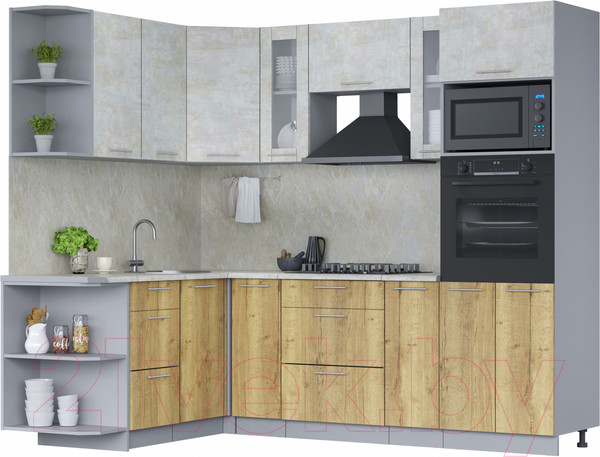 Изображение товара Кухонный гарнитур Интерлиния Мила 1.68x2.4 левая (бетон лайт/дуб золотой/опал светлый)