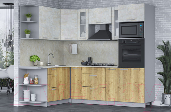 Изображение товара Кухонный гарнитур Интерлиния Мила 1.68x2.4 левая (бетон лайт/дуб золотой/опал светлый)