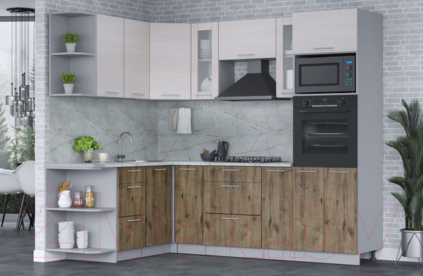 Изображение товара Кухонный гарнитур Интерлиния Мила 1.68x2.4 левая (вудлайн кремовый/дуб веллингтон/серый каспий)