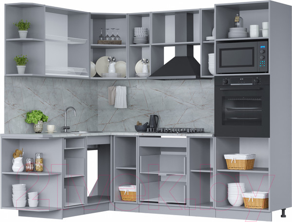 Изображение товара Кухонный гарнитур Интерлиния Мила 1.68x2.4 левая (дуб веллингтон/дуб веллингтон/травертин серый)