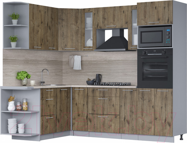 Изображение товара Кухонный гарнитур Интерлиния Мила 1.68x2.4 левая (дуб веллингтон/дуб веллингтон/травертин серый)