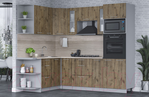 Изображение товара Кухонный гарнитур Интерлиния Мила 1.68x2.4 левая (дуб веллингтон/дуб веллингтон/травертин серый)