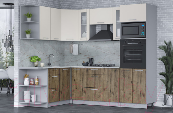 Изображение товара Кухонный гарнитур Интерлиния Мила 1.68x2.4 левая (персидский жемчуг/дуб веллингтон/серый каспий)