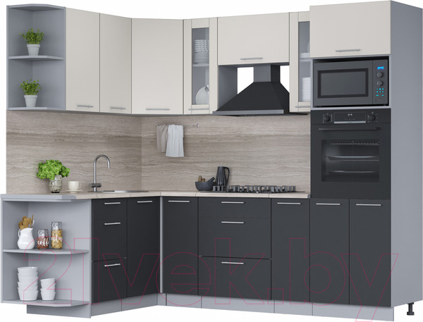 Изображение товара Кухонный гарнитур Интерлиния Мила 1.68x2.4 левая (персидский жемчуг/антрацит/травертин серый)