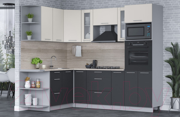 Изображение товара Кухонный гарнитур Интерлиния Мила 1.68x2.4 левая (персидский жемчуг/антрацит/травертин серый)