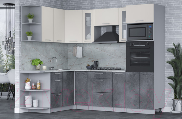 Изображение товара Кухонный гарнитур Интерлиния Мила 1.68x2.4 левая (персидский жемчуг/бетон портленд/серый каспий)