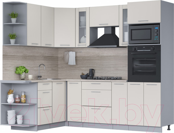 Изображение товара Кухонный гарнитур Интерлиния Мила 1.68x2.4 левая (персидский жемчуг/персидский жемчуг/травертин серый)