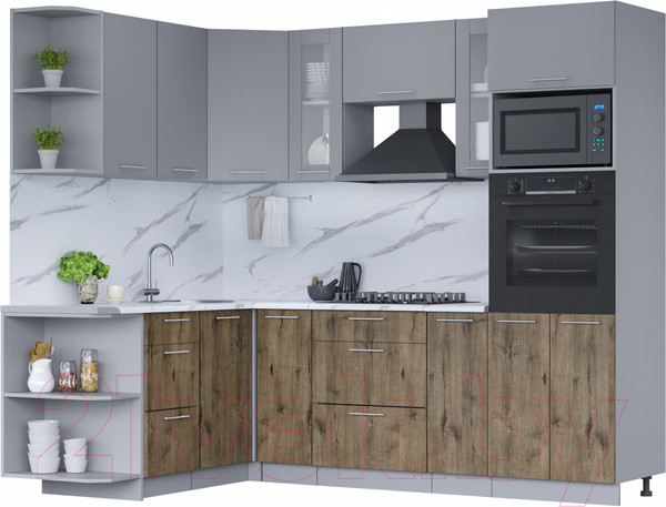 Изображение товара Кухонный гарнитур Интерлиния Мила 1.68x2.4 левая (серебро/дуб веллингтон/белый гранит)