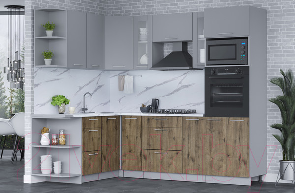 Изображение товара Кухонный гарнитур Интерлиния Мила 1.68x2.4 левая (серебро/дуб веллингтон/белый гранит)