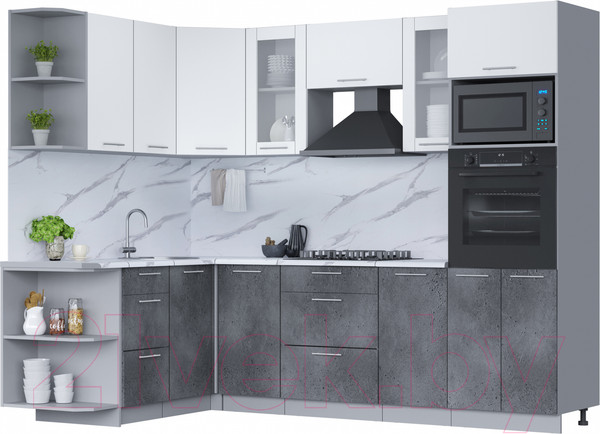 Изображение товара Кухонный гарнитур Интерлиния Мила 1.68x2.6 левая (белый платинум/бетон портленд/белый гранит)