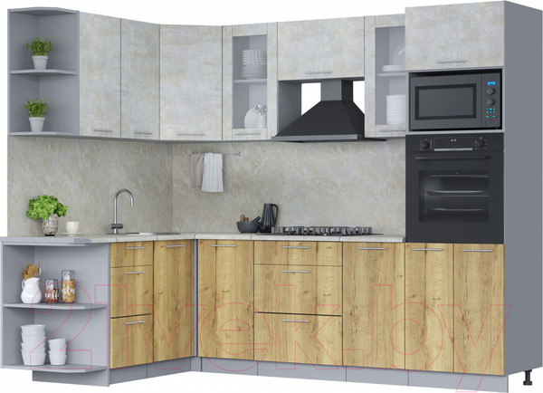 Изображение товара Кухонный гарнитур Интерлиния Мила 1.68x2.6 левая (бетон лайт/дуб золотой/опал светлый)