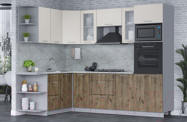 Изображение товара Кухонный гарнитур Интерлиния Мила 1.68x2.6 левая (персидский жемчуг/дуб веллингтон/серый каспий)