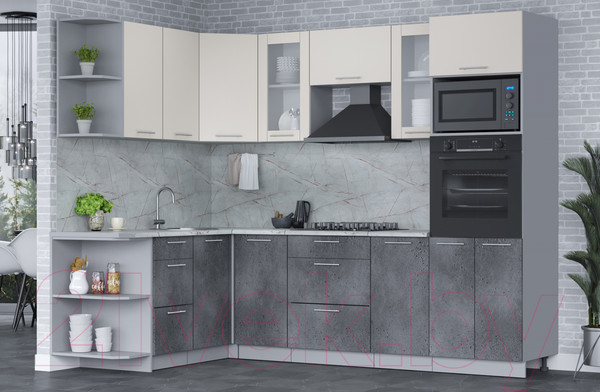 Изображение товара Кухонный гарнитур Интерлиния Мила 1.68x2.6 левая (персидский жемчуг/бетон портленд/серый каспий)