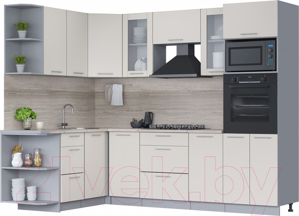 Изображение товара Кухонный гарнитур Интерлиния Мила 1.68x2.6 левая (персидский жемчуг/персидский жемчуг/травертин серый)