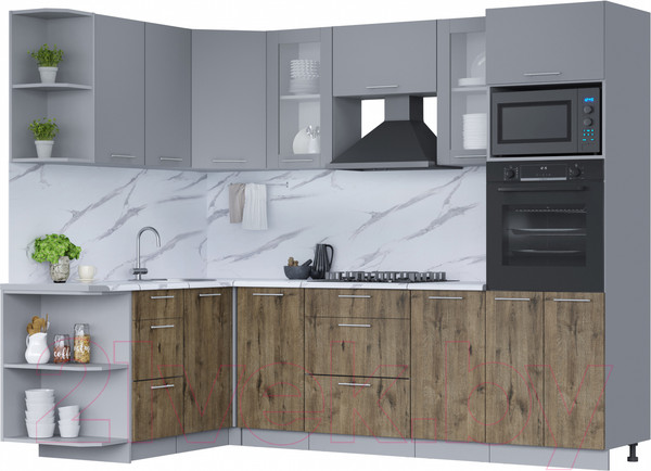 Изображение товара Кухонный гарнитур Интерлиния Мила 1.68x2.6 левая (серебро/дуб веллингтон/белый гранит)