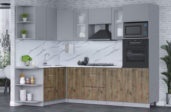 Изображение товара Кухонный гарнитур Интерлиния Мила 1.68x2.6 левая (серебро/дуб веллингтон/белый гранит)