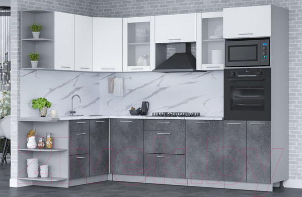 Изображение товара Кухонный гарнитур Интерлиния Мила 1.68x2.8 левая (белый платинум/бетон портленд/белый гранит)