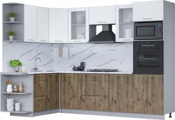 Изображение товара Кухонный гарнитур Интерлиния Мила 1.68x2.8 левая (белый платинум/дуб веллингтон/белый гранит)