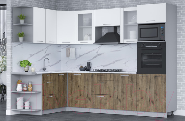 Изображение товара Кухонный гарнитур Интерлиния Мила 1.68x2.8 левая (белый платинум/дуб веллингтон/белый гранит)
