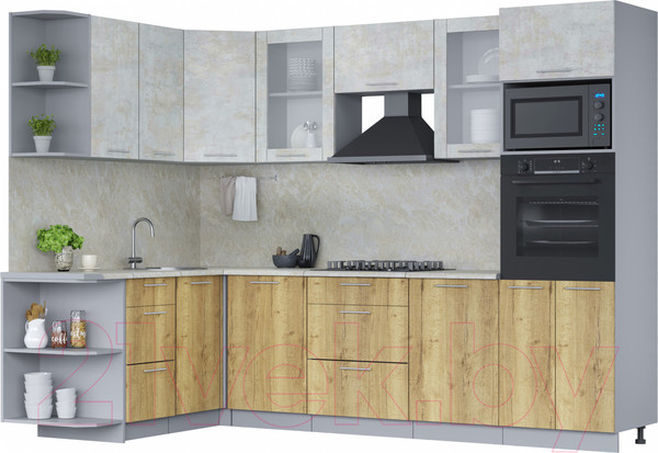 Изображение товара Кухонный гарнитур Интерлиния Мила 1.68x2.8 левая (бетон лайт/дуб золотой/опал светлый)