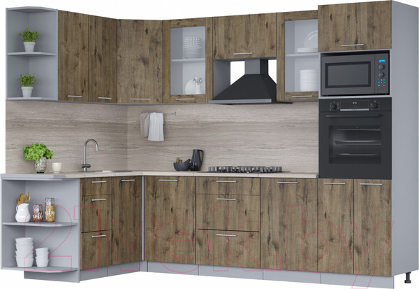 Изображение товара Кухонный гарнитур Интерлиния Мила 1.68x2.8 левая (дуб веллингтон/дуб веллингтон/травертин серый)