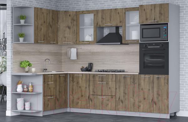 Изображение товара Кухонный гарнитур Интерлиния Мила 1.68x2.8 левая (дуб веллингтон/дуб веллингтон/травертин серый)