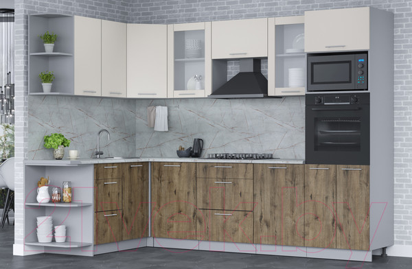 Изображение товара Кухонный гарнитур Интерлиния Мила 1.68x2.8 левая (персидский жемчуг/дуб веллингтон/серый каспий)