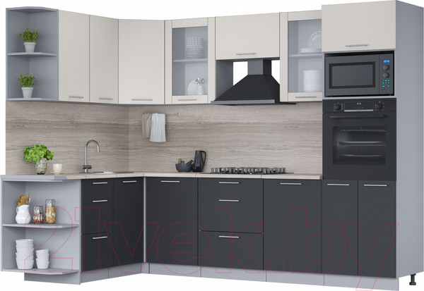 Изображение товара Кухонный гарнитур Интерлиния Мила 1.68x2.8 левая (персидский жемчуг/антрацит/травертин серый)