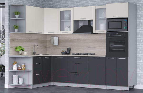 Изображение товара Кухонный гарнитур Интерлиния Мила 1.68x2.8 левая (персидский жемчуг/антрацит/травертин серый)