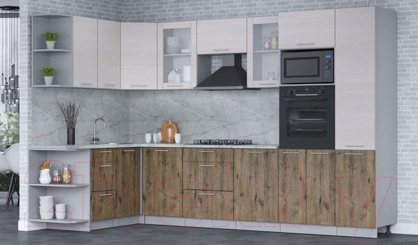 Изображение товара Кухонный гарнитур Интерлиния Мила 1.68x3.2 левая (вудлайн кремовый/дуб веллингтон/серый каспий)